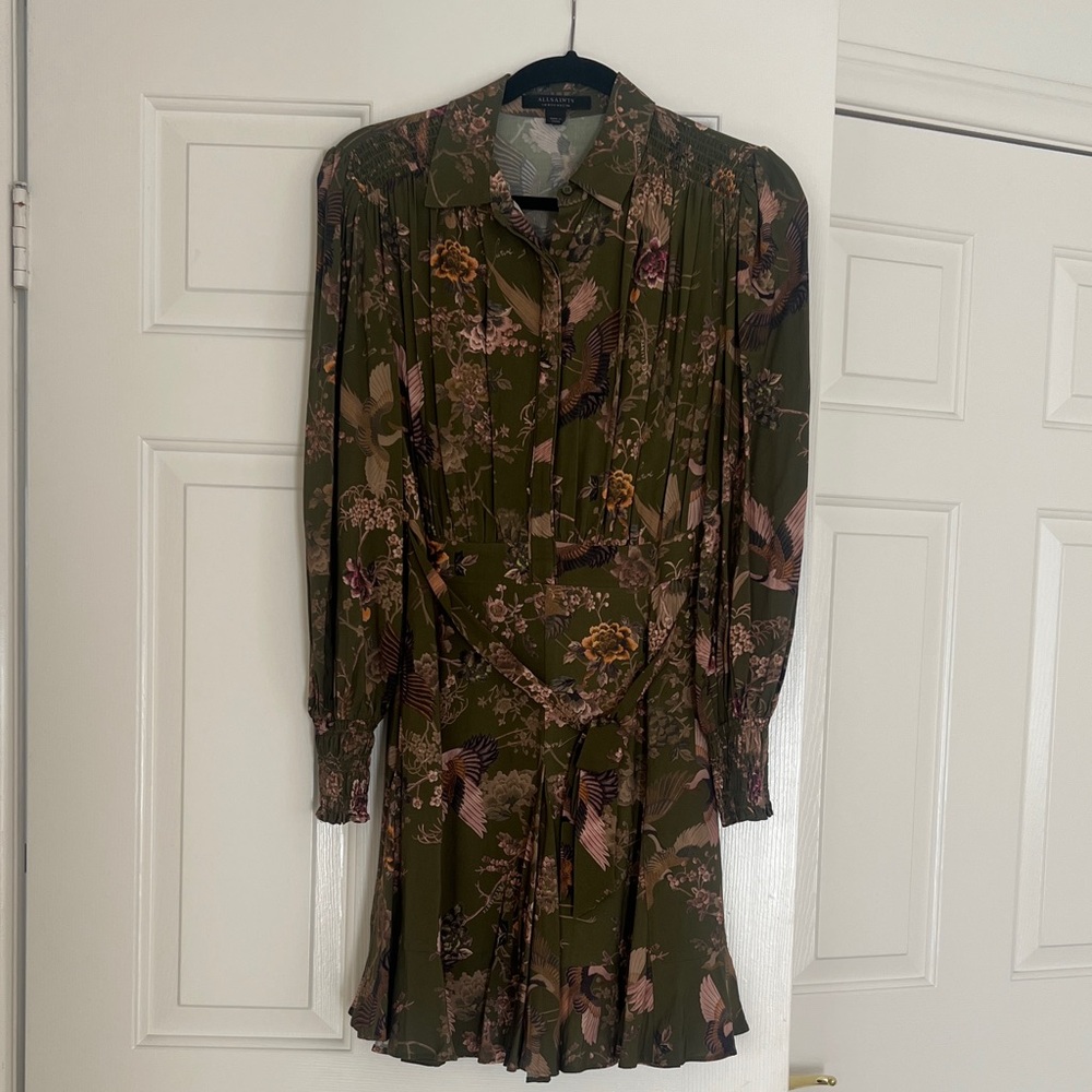All Saints Green Floral Long Sleeve Dress